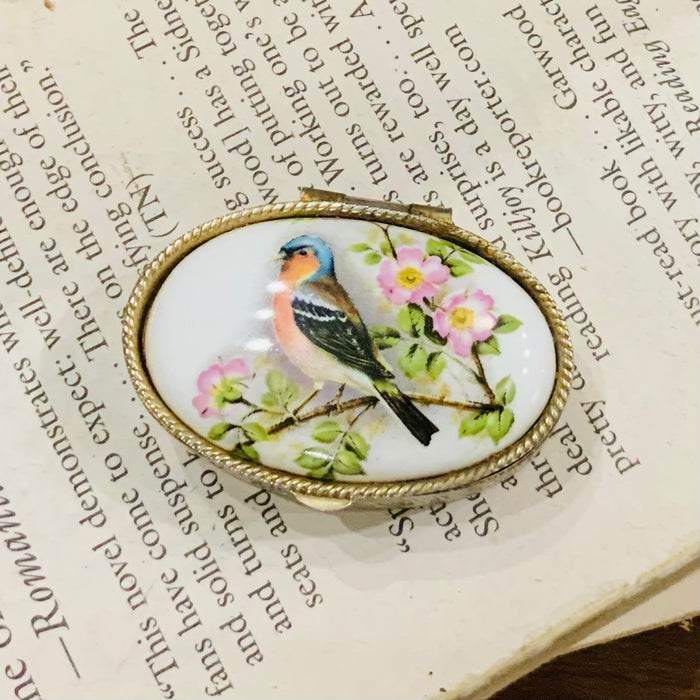 Stamped Tin and Bird Enamel Pill Box - Vintage