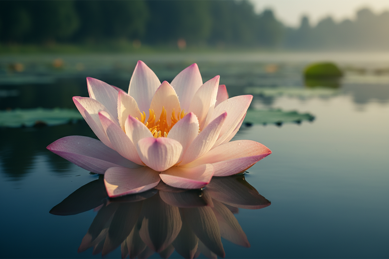 Lotus blossom floating on lake