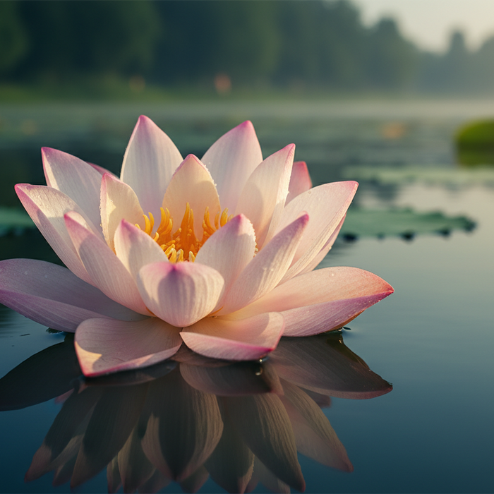 Lotus blossom floating on lake