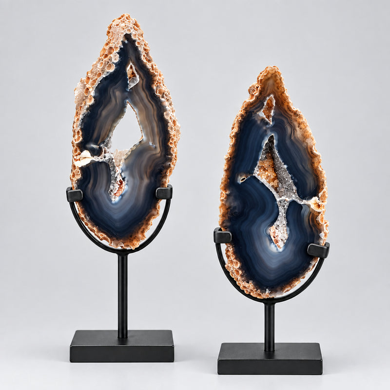 Deep Black Agate Slices on Metal Stands (Pair) – Large Geode Cutouts & Grounding Crystals