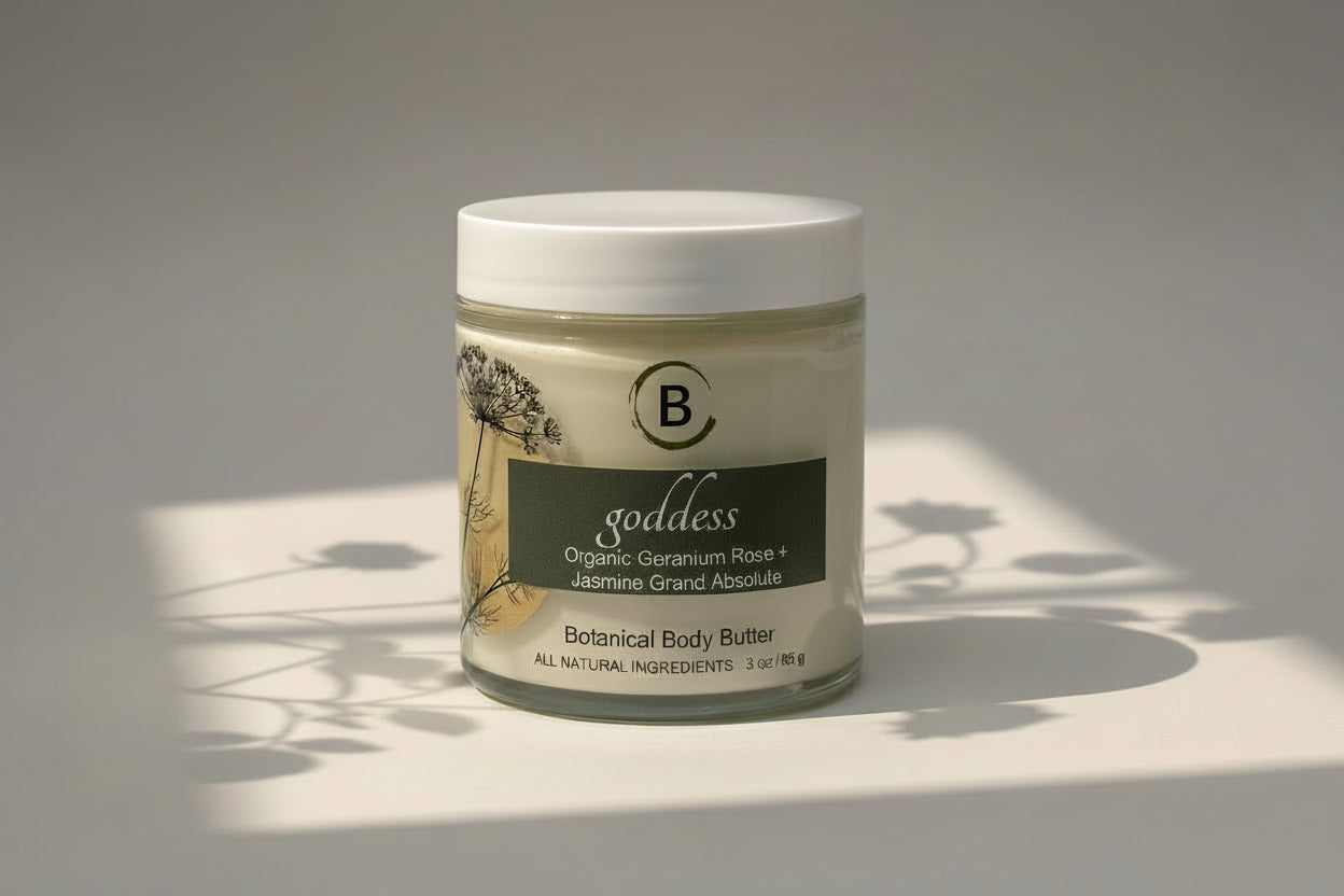 Jar of 'goddess' botanical body butter with a white label on a light background