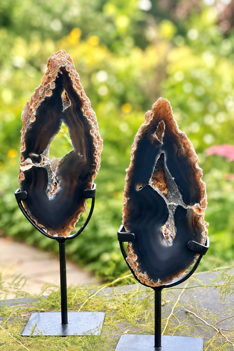 Deep Black Agate Slices on Metal Stands (Pair) – Large Geode Cutouts & Grounding Crystals