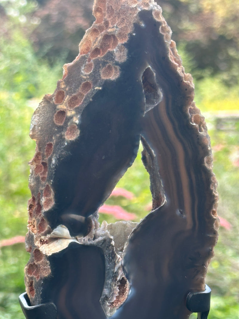 Deep Black Agate Slices on Metal Stands (Pair) – Large Geode Cutouts & Grounding Crystals