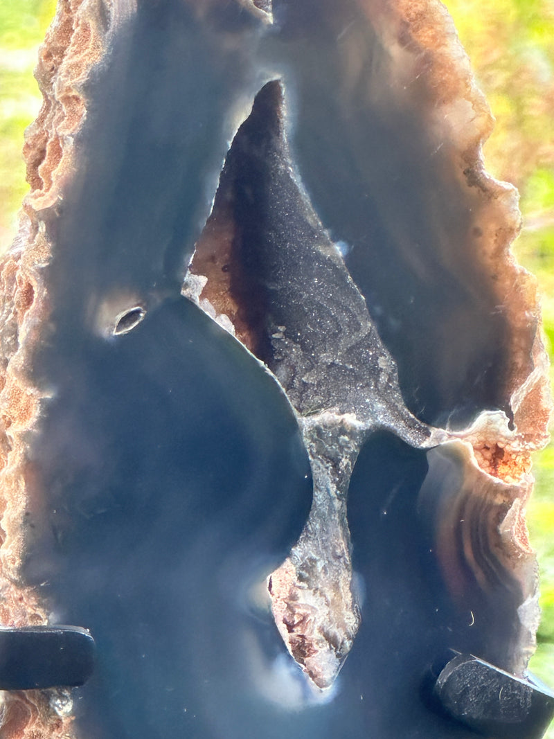 Deep Black Agate Slices on Metal Stands (Pair) – Large Geode Cutouts & Grounding Crystals