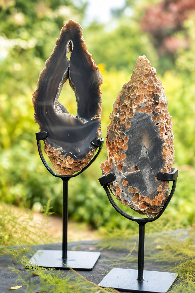 Deep Black Agate Slices on Metal Stands (Pair) – Large Geode Cutouts & Grounding Crystals