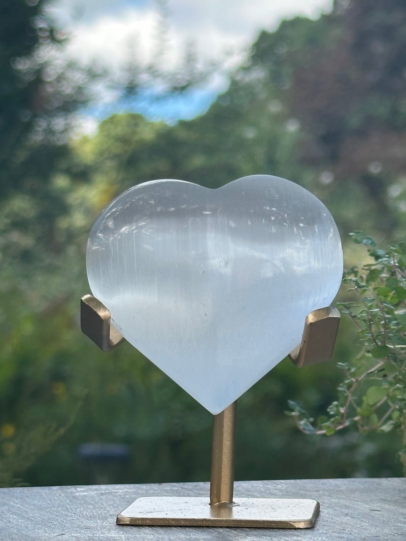 Satin Spar Carved Heart with Stand – Cleansing & Serenity Crystal