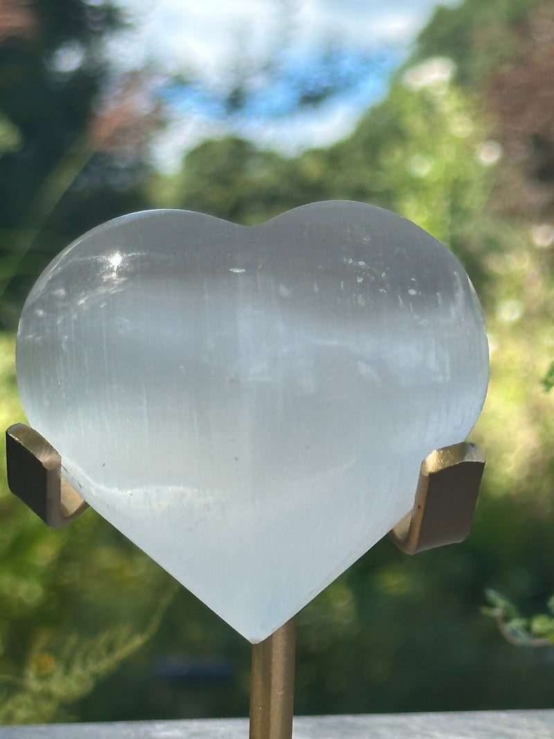 Satin Spar Carved Heart with Stand – Cleansing & Serenity Crystal