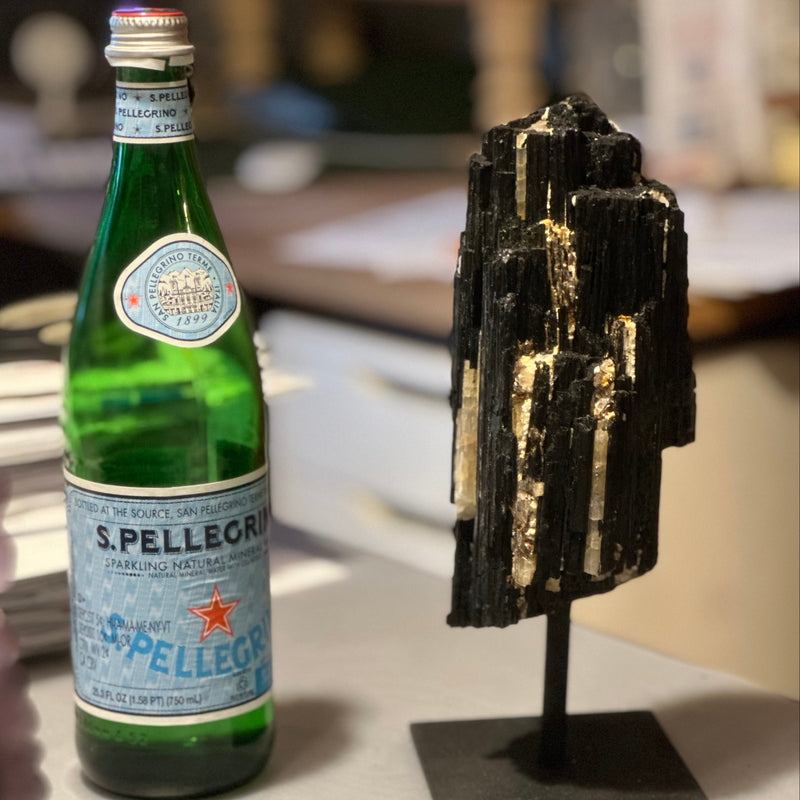 Brazilian Raw Black Tourmaline with Quartz, Calcite and Mica on Hand-Forged Iron Stand