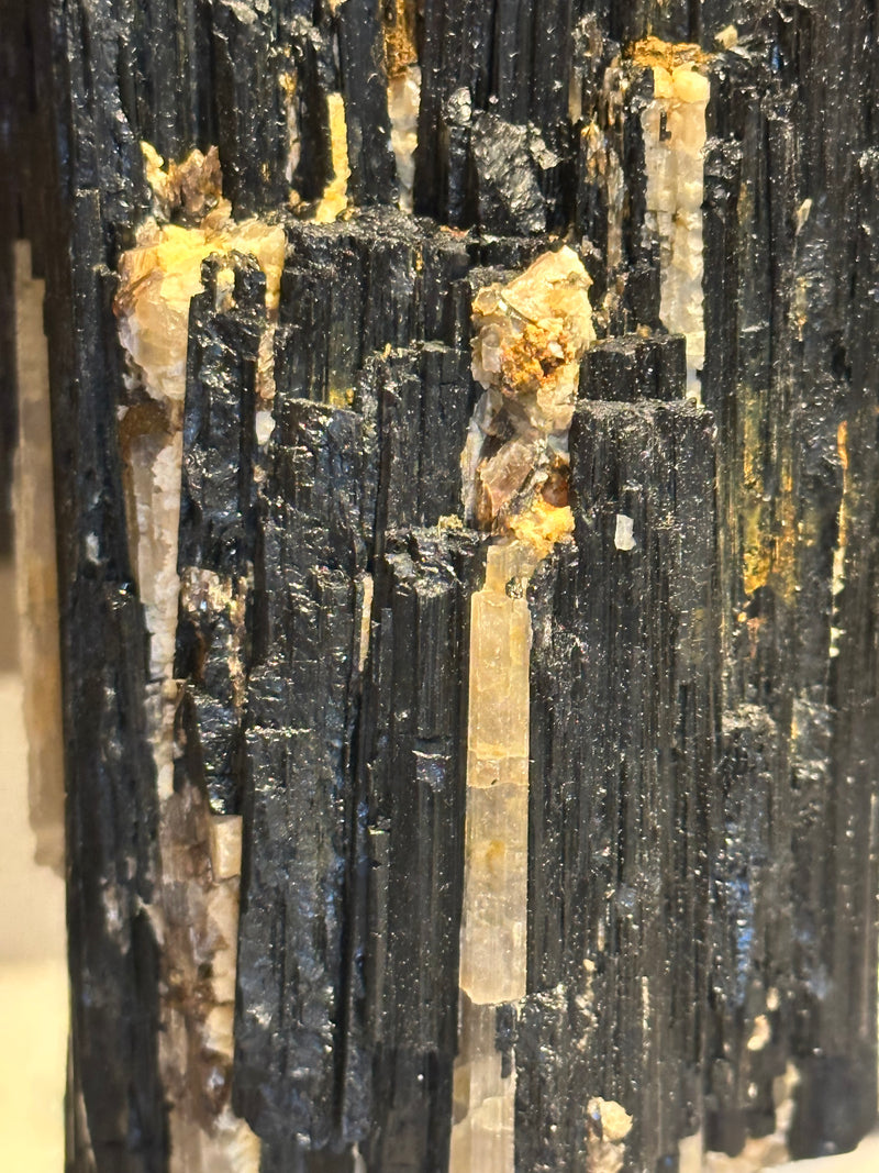 Brazilian Raw Black Tourmaline with Quartz, Calcite and Mica on Hand-Forged Iron Stand