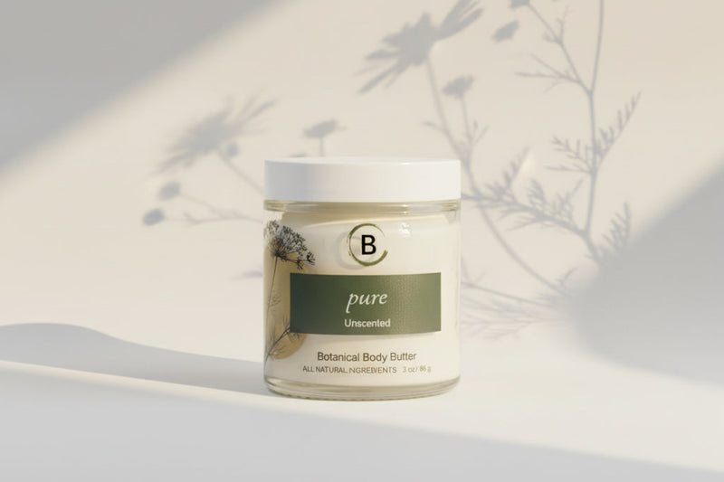 Jar of Botanical Body Butter on a light gary background