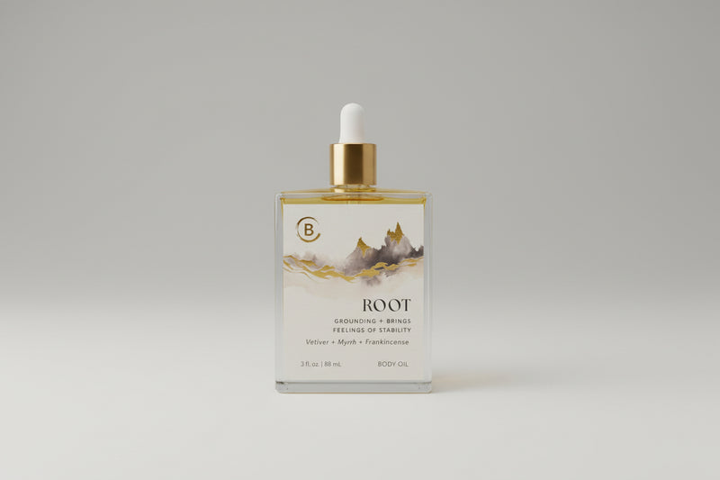 Bottle of 'ROOT' with dropper on a gray background
