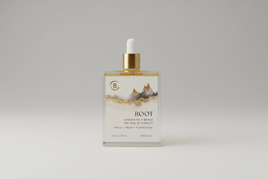Bottle of 'ROOT' with dropper on a gray background