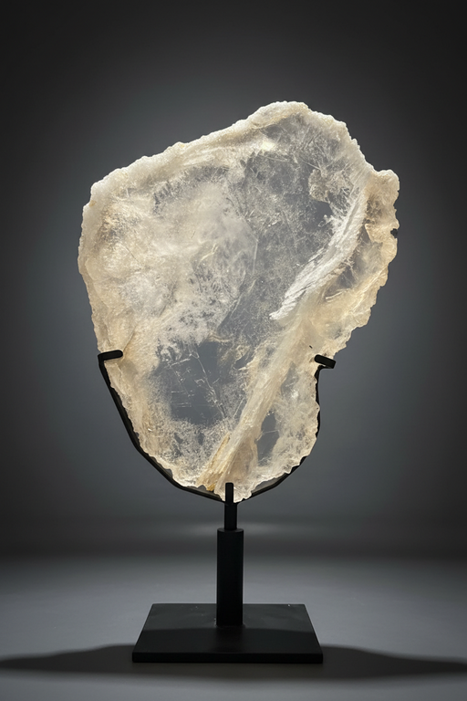 Large Gypsum Selenite Slab on a black stand against a gray background