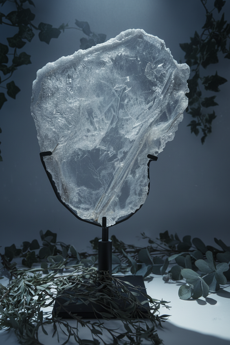 Large Gypsum Selenite on a stand with a dark background