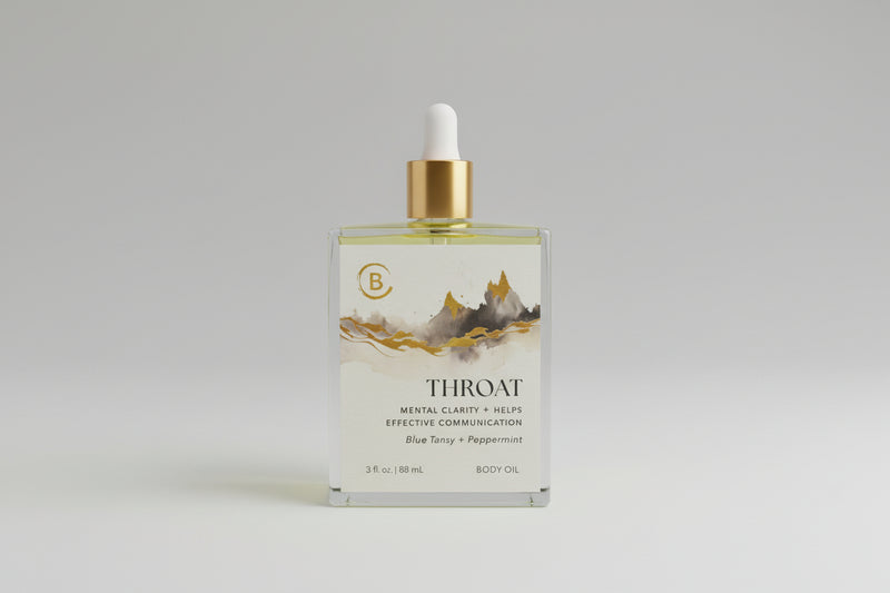 Throat Body  Oil dropper bottle with label on light gray background