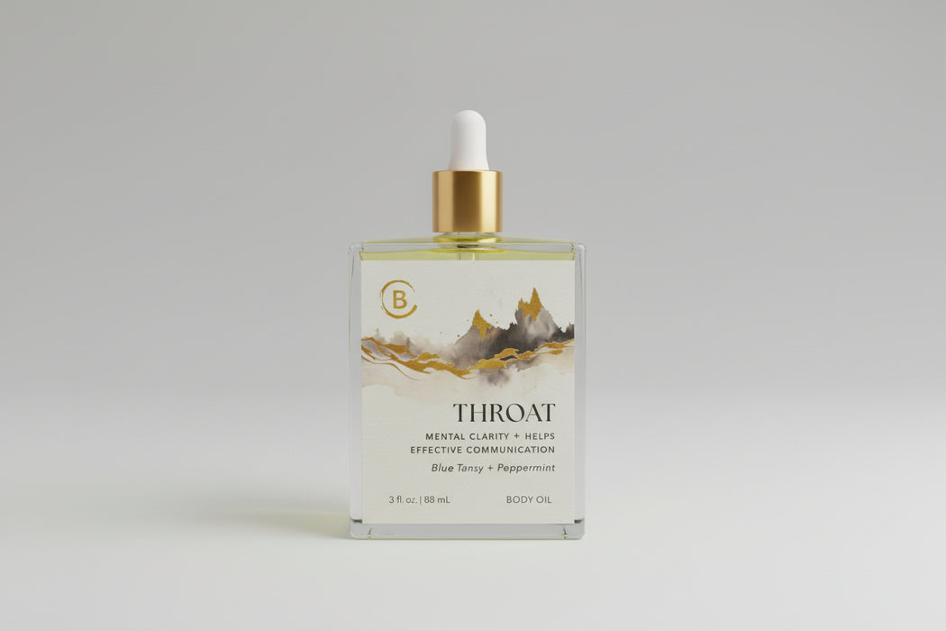 Throat Body  Oil dropper bottle with label on light gray background