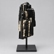 Raw Black Tourmaline Matrix with Calcite on metal stand