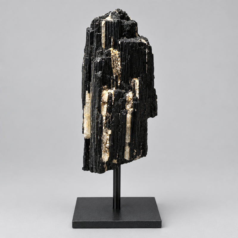 Raw Black Tourmaline Matrix with Calcite on metal stand