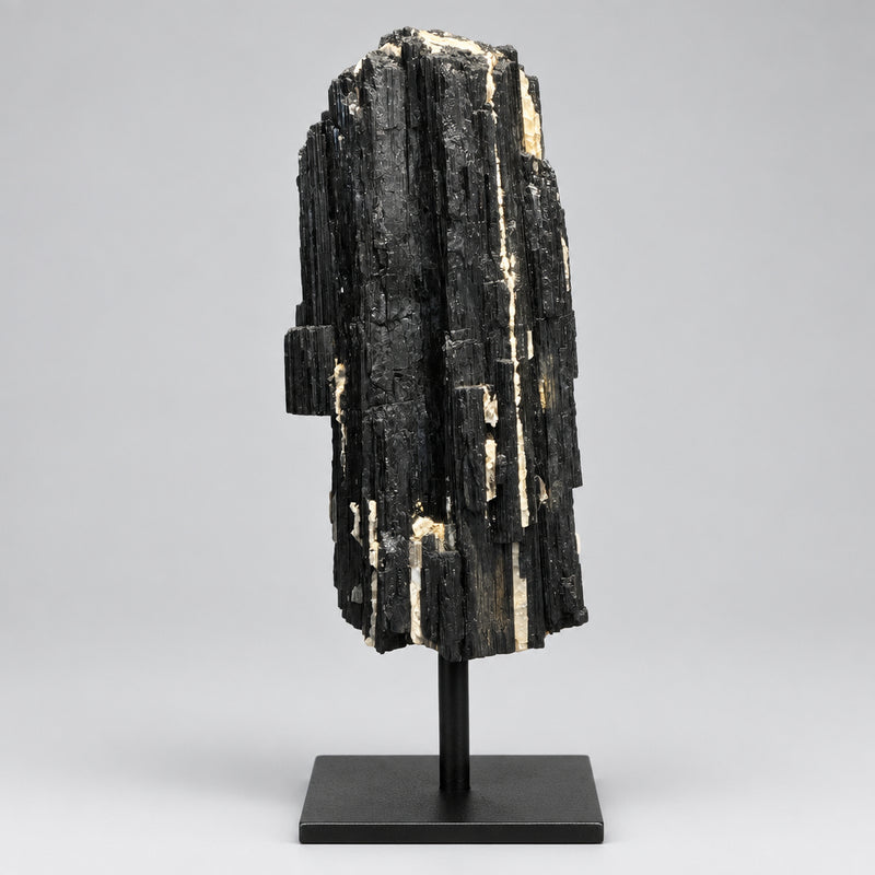 Brazilian Raw Black Tourmaline with Quartz, Calcite and Mica on Hand-Forged Iron Stand