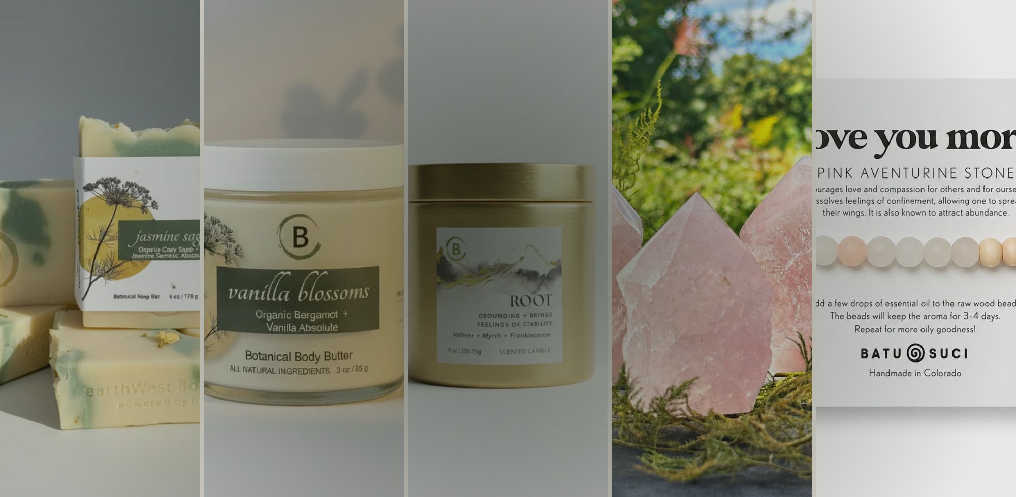 earthWest gift guide: botanical soap, body butter, Centers candle, rose quartz and a diffuser bracelet