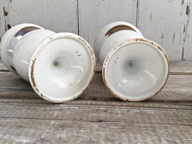 Antique White Ironstone Pharmacy Jars with Paper Labels - Set