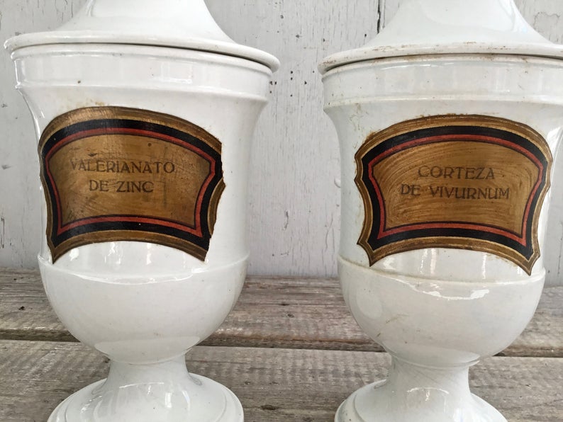 Antique White Ironstone Pharmacy Jars with Paper Labels - Set