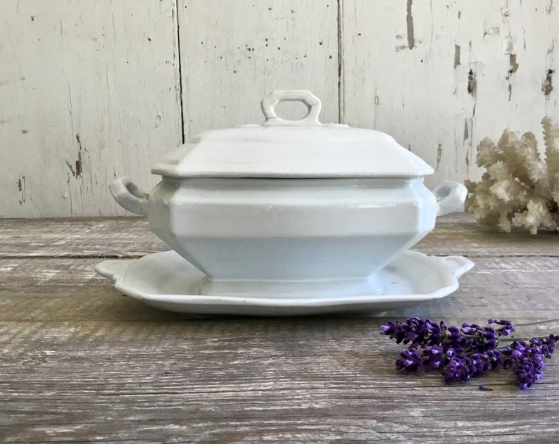 Vintage White Ironstone Tureen with Under Plate